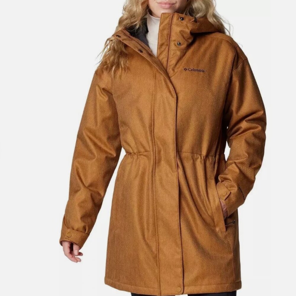 Columbia Portland Point Parka Women's Lg Brown Herringbone Hooded Jacket Omni-T